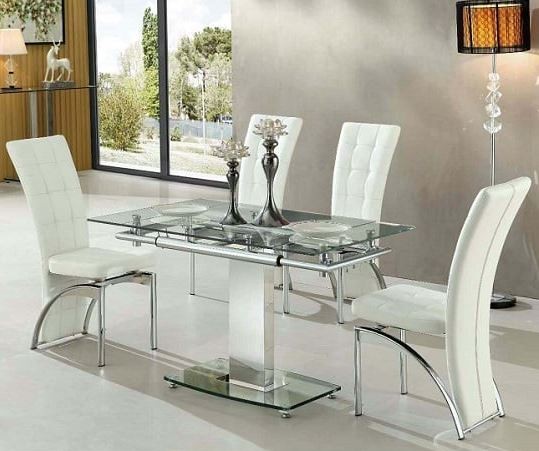 Enke Extending Glass Dining Table With 4 Ravenna White Chairs