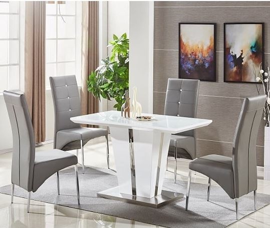 Memphis Small White Gloss Dining Table 4 Vesta Grey Chairs