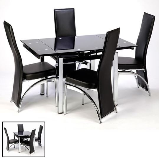 Paris Extendable Glass Dining Table In Black And 4 Romeo Chairs